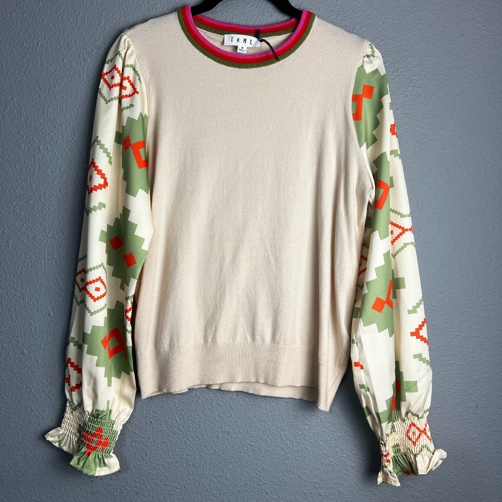 THML‎ Pullover Sweater Geometric Aztec Balloon Satin SL Mixed Media Crew Neck XS